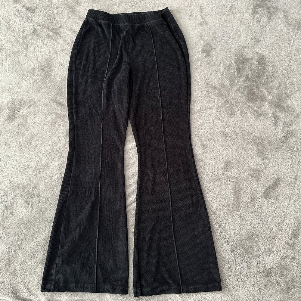 Aerie Black Ribbed Flare Pull On Pants Women's MEDIUM Tall Long